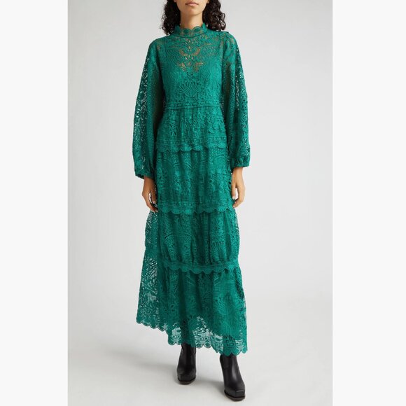 FARM RIO Guipure Lace Long Sleeve Maxi Dress, Dark Green, Size XS, NWT 🇧🇷 - Picture 3 of 16